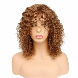 Dark Blonde Human Hair Wig with Bangs Curly Virgin Indian
