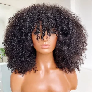 Afro Kinky Curly Human Hair Wigs with Bang Short Brazilian