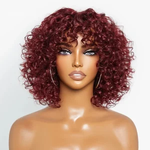 Burgundy Curly Human Hair Wig with Bangs