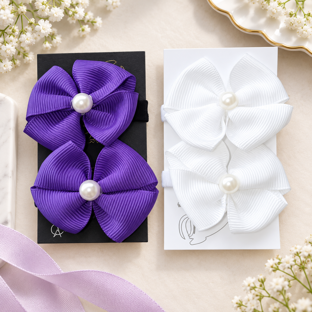 Mini pearl centered bow ribbons