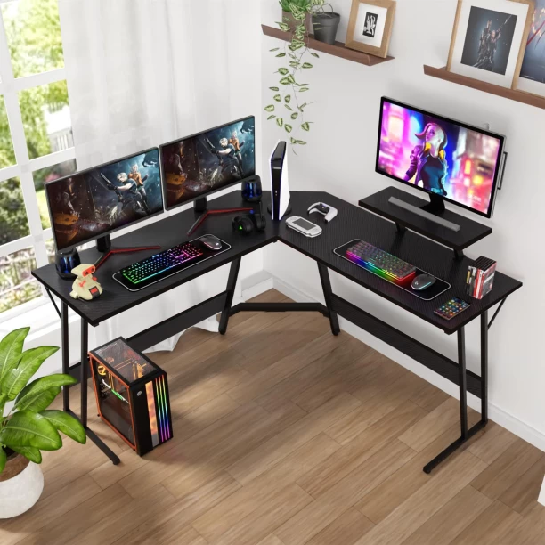 Mixbox Carbon Fiber Corner Computer Desk Gaming Desk with 2 Monitor Stand Metal Computer Desk – Black - Image 2