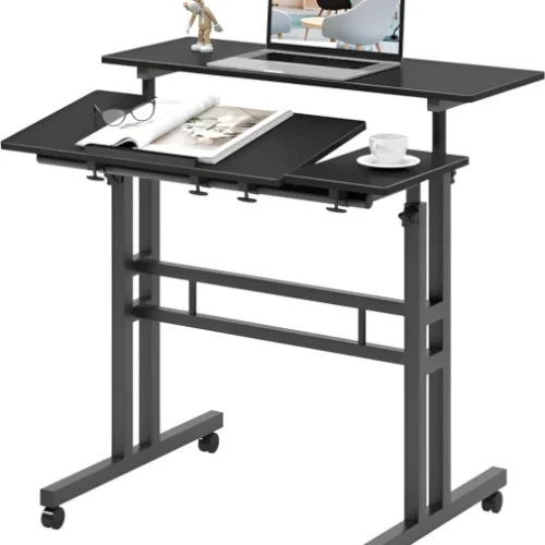 TOXIYA Exquisite wheeled removable height adjustable standing laptop desk Solid Wood Computer Desk β BLACK
