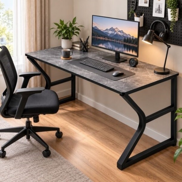 NNNM 120cm Industrial Computer Desk with Rock Slab Engineered Wood Computer Desk – Grey - Image 2