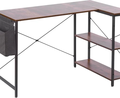 Artisign L-Shaped Computer Desk with Storage Bag, Reversible Corner Desk with Adjustable Shelf, Heavy-Duty Metal Frame, Study Writing Table for Gaming, Corner Work, Home Office, Study Engineered Wood Computer Desk – Brown