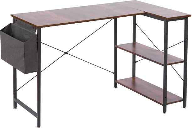Artisign L-Shaped Computer Desk with Storage Bag, Reversible Corner Desk with Adjustable Shelf, Heavy-Duty Metal Frame, Study Writing Table for Gaming, Corner Work, Home Office, Study Engineered Wood Computer Desk – Brown