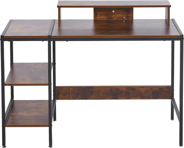 RSQQAV Computer Desk with Raised Monitor Stand & Reversible Storage Shelves – Modern Rustic Home Office & Gaming Workstation Multipurpose Table – Burning wood