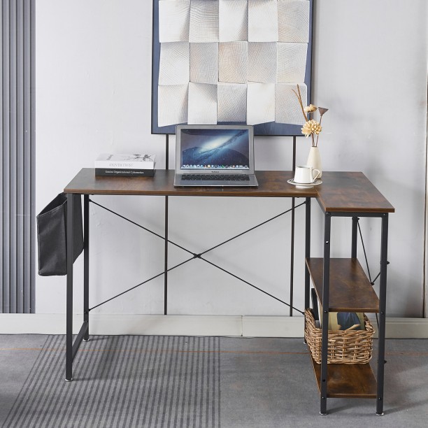 Artisign L-Shaped Computer Desk with Storage Bag, Reversible Corner Desk with Adjustable Shelf, Heavy-Duty Metal Frame, Study Writing Table for Gaming, Corner Work, Home Office, Study Engineered Wood Computer Desk – Brown - Image 2