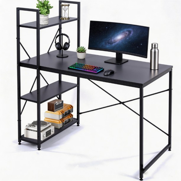 Musketeers Furnny Computer Workstations with 4 Shelves Study Writing Desk Student Desk - Black Solid Wood Computer Desk - Image 2