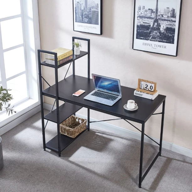 Musketeers Computer Table Study Writing Desk Home Office Workstation with 4 Shelves - Black Solid Wood Workstation - Image 2