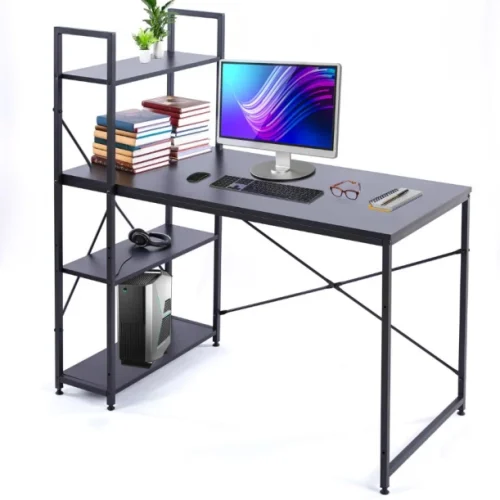 Musketeers Computer Table Study Writing Desk Home Office Workstation with 4 Shelves - Black Solid Wood Workstation