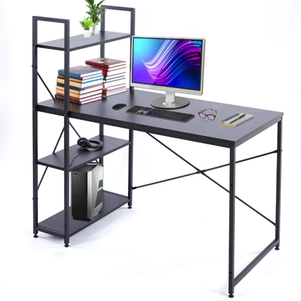 Musketeers Computer Table Study Writing Desk Home Office Workstation with 4 Shelves - Black Solid Wood Workstation