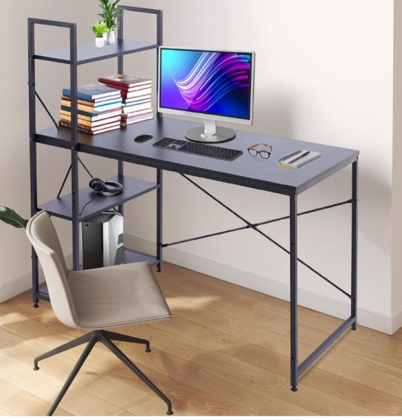 Musketeers Computer Table Study Writing Desk Home Office Workstation with 4 Shelves - Black Solid Wood Workstation - Image 4