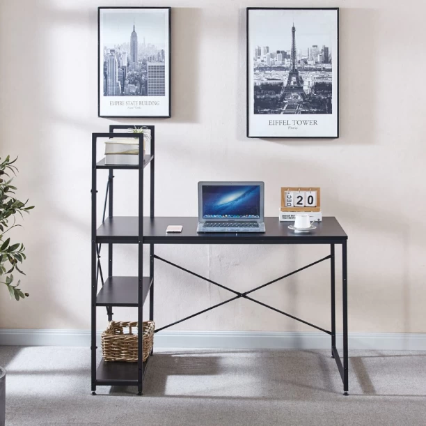 Musketeers Computer Table Study Writing Desk Home Office Workstation with 4 Shelves - Black Solid Wood Workstation - Image 3