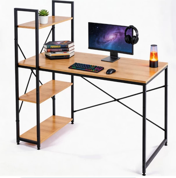 Musketeers Computer Workstations with 4 Shelves Study Writing Desk Student Desk - Grey Wood Solid Wood Computer Desk - Image 2