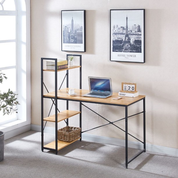 Musketeers Computer Workstations with 4 Shelves Study Writing Desk Student Desk - Grey Wood Solid Wood Computer Desk - Image 5