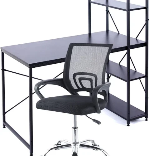 Musketeers Work Desk with Shelves & Office Chair Set - Black Solid Wood Workstation