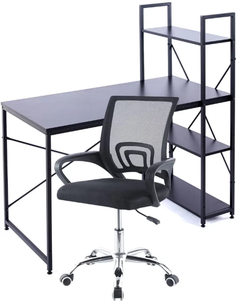Musketeers Work Desk with Shelves & Office Chair Set - Black Solid Wood Workstation