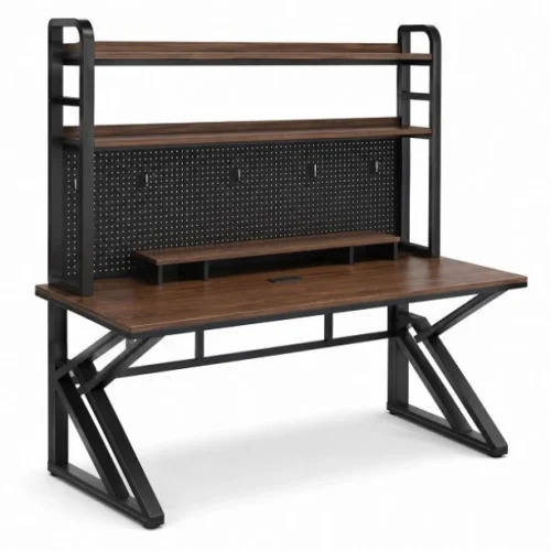 Gerneric Dark Walnut and Black Industrial Computer Desk with Double Storage Shelves 120cm Engineered Wood Computer Desk
