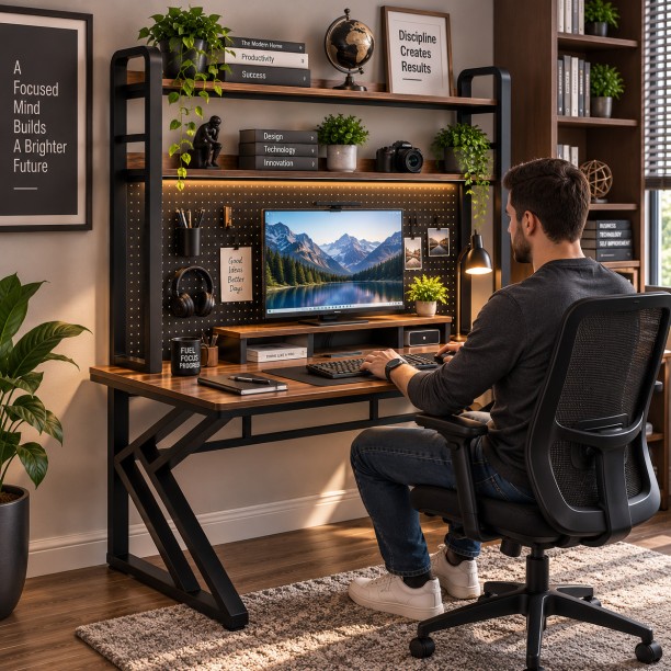 Gerneric Dark Walnut and Black Industrial Computer Desk with Double Storage Shelves 120cm Engineered Wood Computer Desk - Image 2