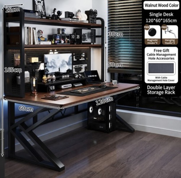 Generic Industrial Computer Desk with Shelves and Pegboard Engineered Wood Computer Desk – Dark Walnut - Image 2