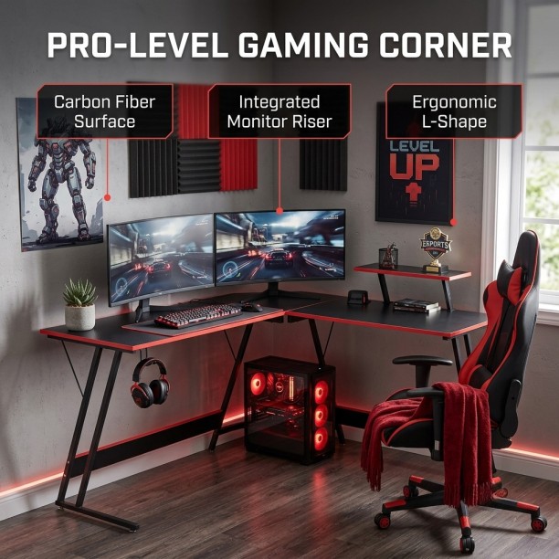 RSQQAV L-Shaped Gaming Desk – Corner Computer Desk with Shelves & Heavy-Duty Frame Metal Computer Desk – Black, RED - Image 5