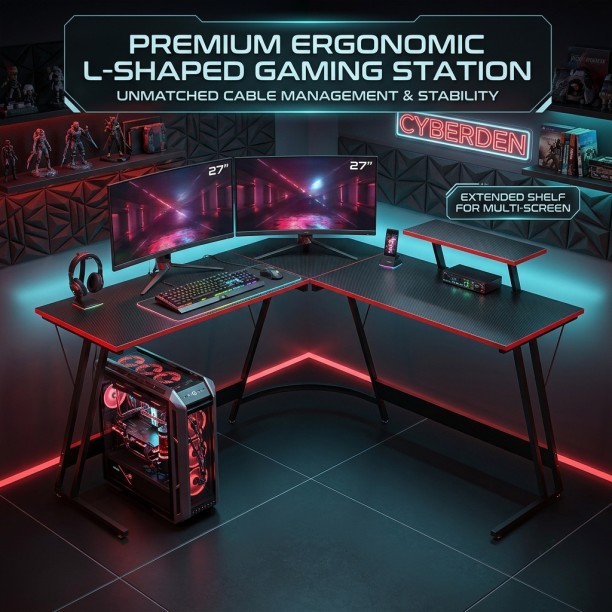 RSQQAV L-Shaped Gaming Desk – Corner Computer Desk with Shelves & Heavy-Duty Frame Metal Computer Desk – Black, RED - Image 3