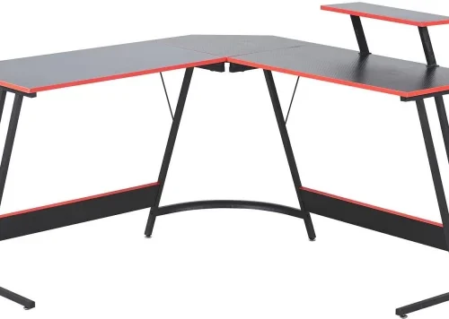 RSQQAV L-Shaped Gaming Desk – Corner Computer Desk with Shelves & Heavy-Duty Frame Metal Computer Desk – Black, RED