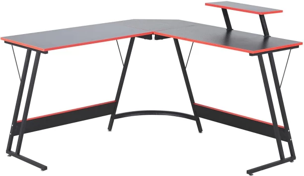 RSQQAV L-Shaped Gaming Desk – Corner Computer Desk with Shelves & Heavy-Duty Frame Metal Computer Desk – Black, RED