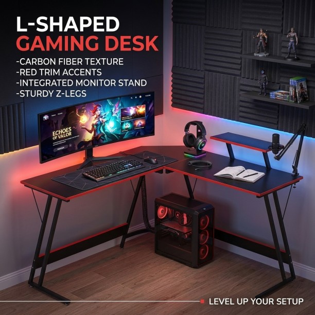 RSQQAV L-Shaped Gaming Desk – Corner Computer Desk with Shelves & Heavy-Duty Frame Metal Computer Desk – Black, RED - Image 2