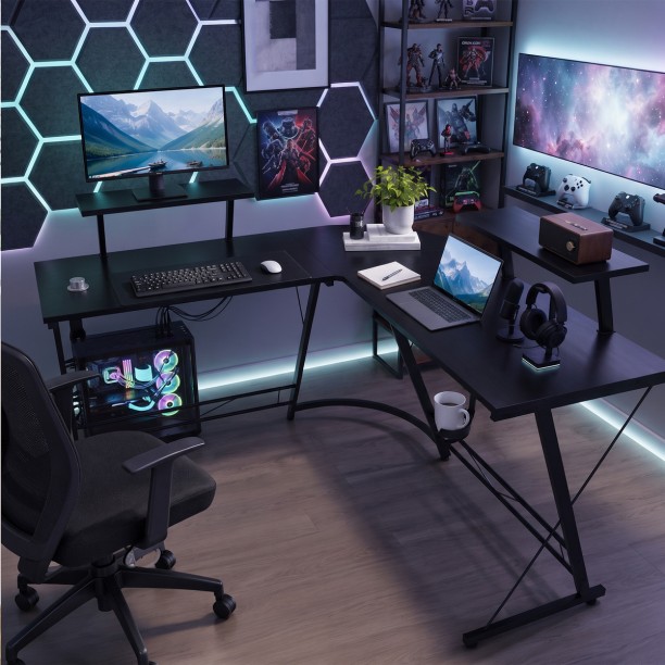 Topika Corner Computer Desk,Office Desk Corner, L-Shaped Gaming Desk &Stand Engineered Wood Workstation – Black - Image 6