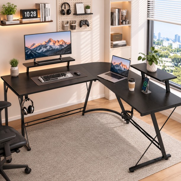 Topika Corner Computer Desk,Office Desk Corner, L-Shaped Gaming Desk &Stand Engineered Wood Workstation – Black - Image 2