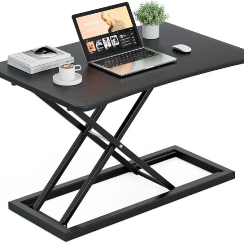 TOXIYA Height Adjustable Desk Converter, Sit-Stand, 73x47cm, Gas Lift. Solid Wood Computer Desk – BLACK