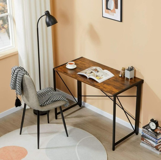 VIVIDITTO Home Office Folding Desk Computer Table with 4 hooks & Hanging Bag Solid Wood Computer Desk – BROWN - Image 2