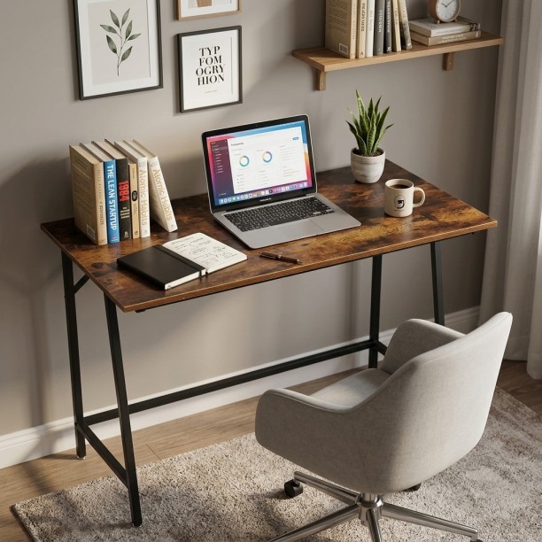 RSQQAV 100cm Minimalist Office Computer Desk – Modern Writing & Study Workstation with Sturdy Square Frame (100 x 50 x 75 cm) Solid Wood Computer Desk – Burning wood - Image 2