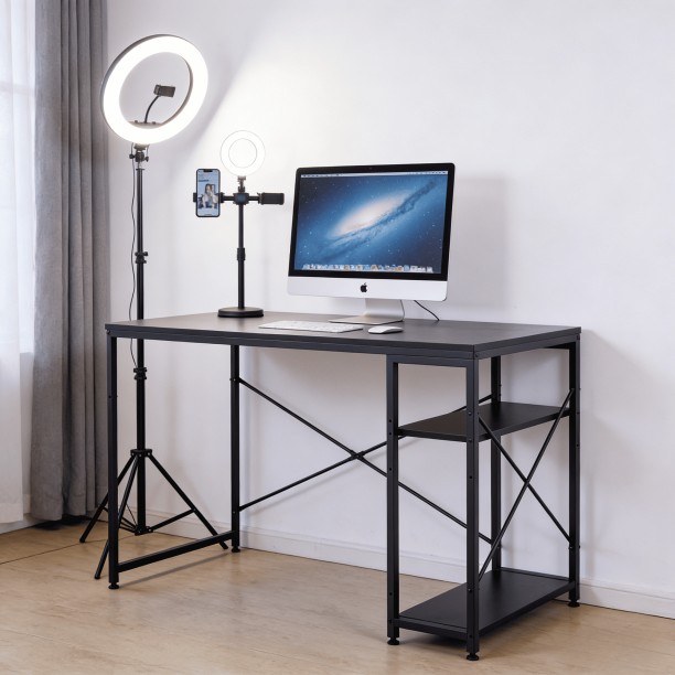 RSQQAV 120cm Industrial Computer Desk with Reversible 2-Tier Shelves – Rustic Wood & Metal Home Office Study Workstation with X-Brace Support Solid Wood Computer Desk – BLACK - Image 5
