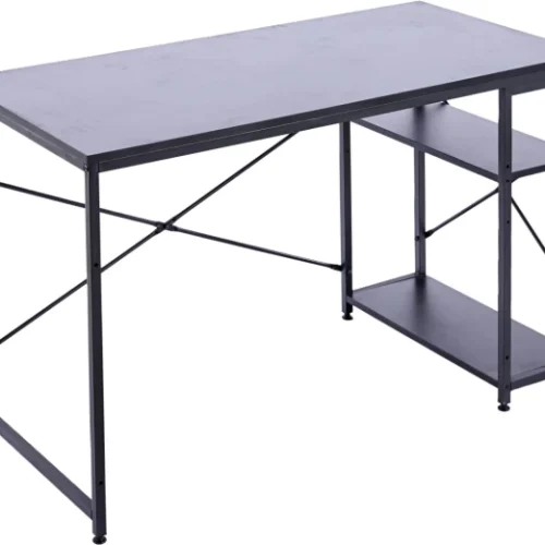 RSQQAV 120cm Industrial Computer Desk with Reversible 2-Tier Shelves – Rustic Wood & Metal Home Office Study Workstation with X-Brace Support Solid Wood Computer Desk – BLACK