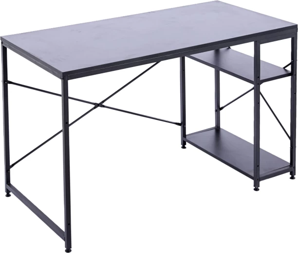 RSQQAV 120cm Industrial Computer Desk with Reversible 2-Tier Shelves – Rustic Wood & Metal Home Office Study Workstation with X-Brace Support Solid Wood Computer Desk – BLACK