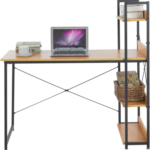 RSQQAV Industrial Computer Desk with 3-Tier Open Bookshelf – Wood Grain Writing & Study Workstation with X-Braced Metal Frame Solid Wood Workstation