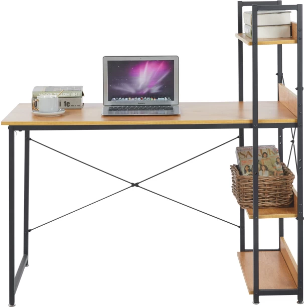 RSQQAV Industrial Computer Desk with 3-Tier Open Bookshelf – Wood Grain Writing & Study Workstation with X-Braced Metal Frame Solid Wood Workstation