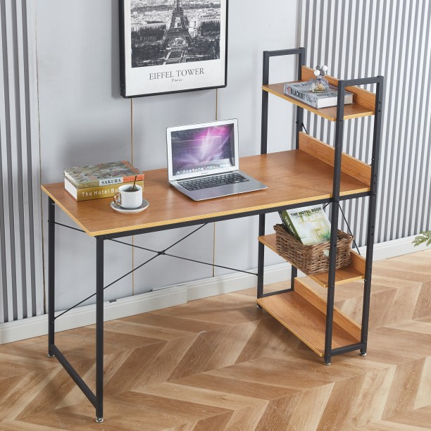RSQQAV Industrial Computer Desk with 3-Tier Open Bookshelf – Wood Grain Writing & Study Workstation with X-Braced Metal Frame Solid Wood Workstation - Image 5