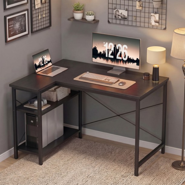 Topika Modern L Shaped Desk With Shelves, Corner Computer Study Desk Engineered Wood Workstation – Black - Image 2