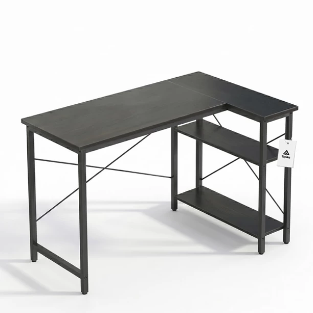 Topika Modern L Shaped Desk With Shelves, Corner Computer Study Desk Engineered Wood Workstation – Black