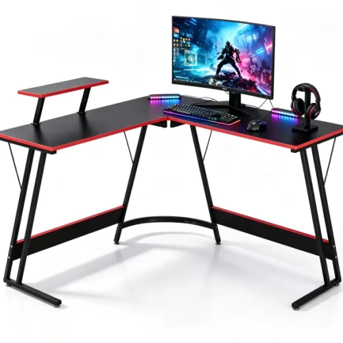 ArtisanFurnitureWarehouse Furniture L-shaped gaming table 135cm corner gaming table with monitor stand, ergonomic computer desk with carbon fiber surface adjustable foot pad gaming workstation suitable for bedrooms and streaming media Engineered Wood Computer Desk – black