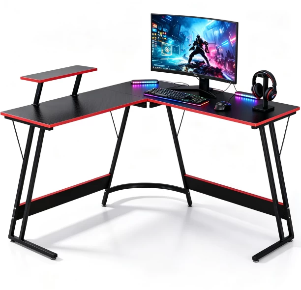 ArtisanFurnitureWarehouse Furniture L-shaped gaming table 135cm corner gaming table with monitor stand, ergonomic computer desk with carbon fiber surface adjustable foot pad gaming workstation suitable for bedrooms and streaming media Engineered Wood Computer Desk – black