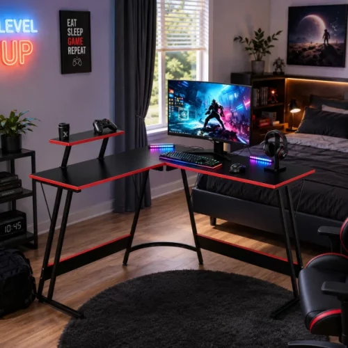 Golden Star Africa L-shaped corner carbon fiber gaming desk with storage rack desktop computer desk corner double player gaming computer desk can be used for home study and office multifunctional large desktop computer desk Engineered Wood Computer Desk – Black