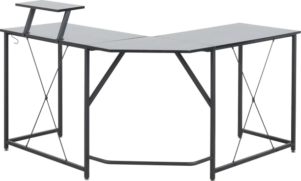 RSQQAV L-Shaped Computer & Gaming Desk with Raised Monitor Stand – Corner PC Workstation with Headphone Hooks Multipurpose Table – BLACK