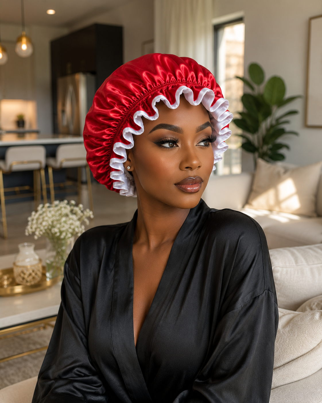 Red Satin Bonnet with White Ruffle Trim - Image 2