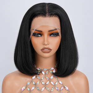 Front view of natural black 12-inch human hair bob wig13x4