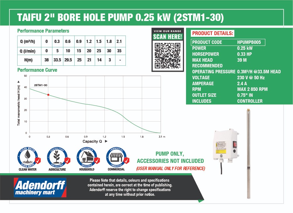 Taifu 2" Bore Hole Pump 0.25KW (2STM1-30) - Image 3