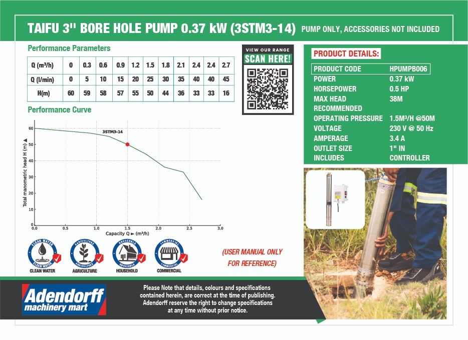 Taifu 3" Bore Hole Pump 0.37KW (3STM3-14) - Image 3